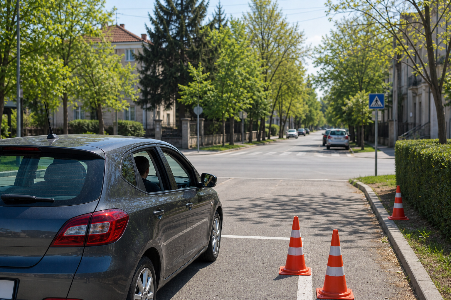 Mașină de școală pregătită să intre de pe o zonă liniștită spre oraș