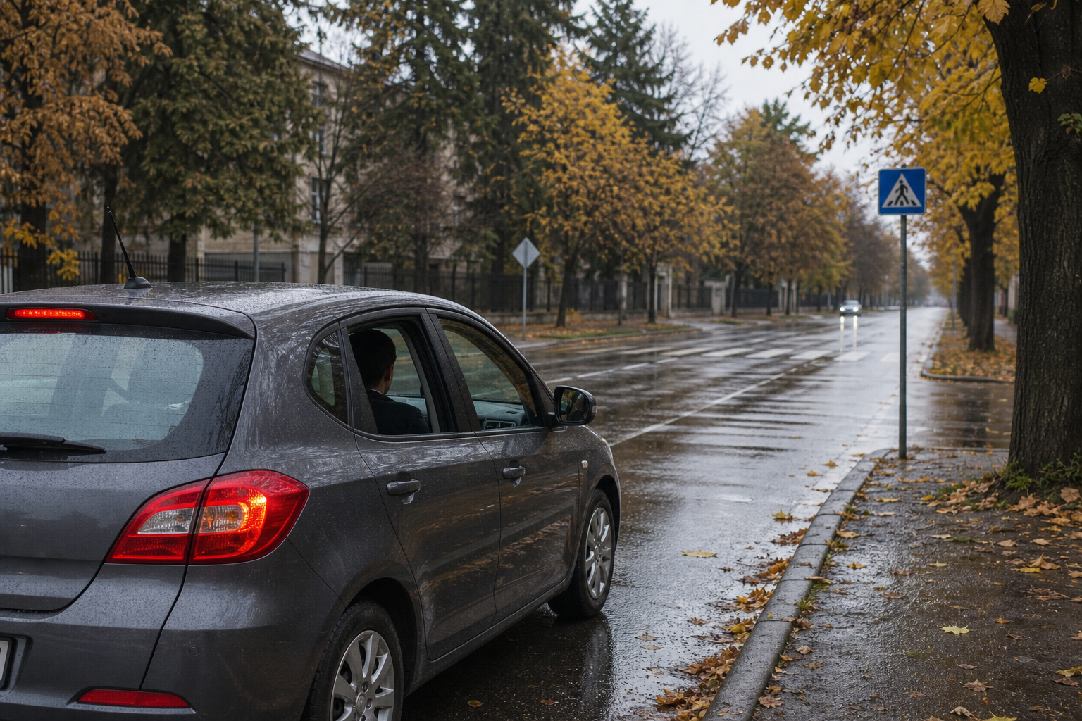 Mașină de școală pe carosabil umed într-o zi rece de toamnă
