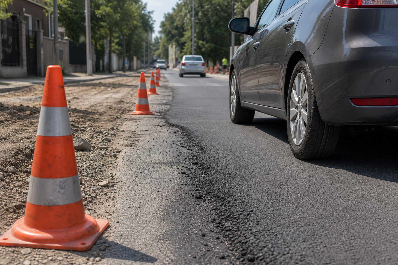 Conuri și bandă îngustată lângă lucrări de drum într-o zi de vară
