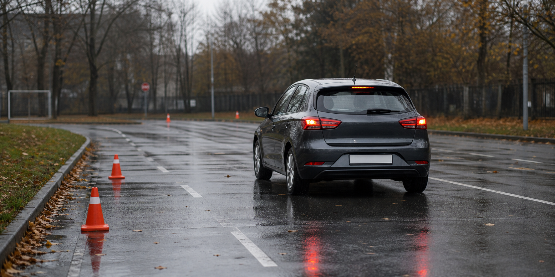Mașină de școală auto exersând frânarea lină pe carosabil umed de noiembrie